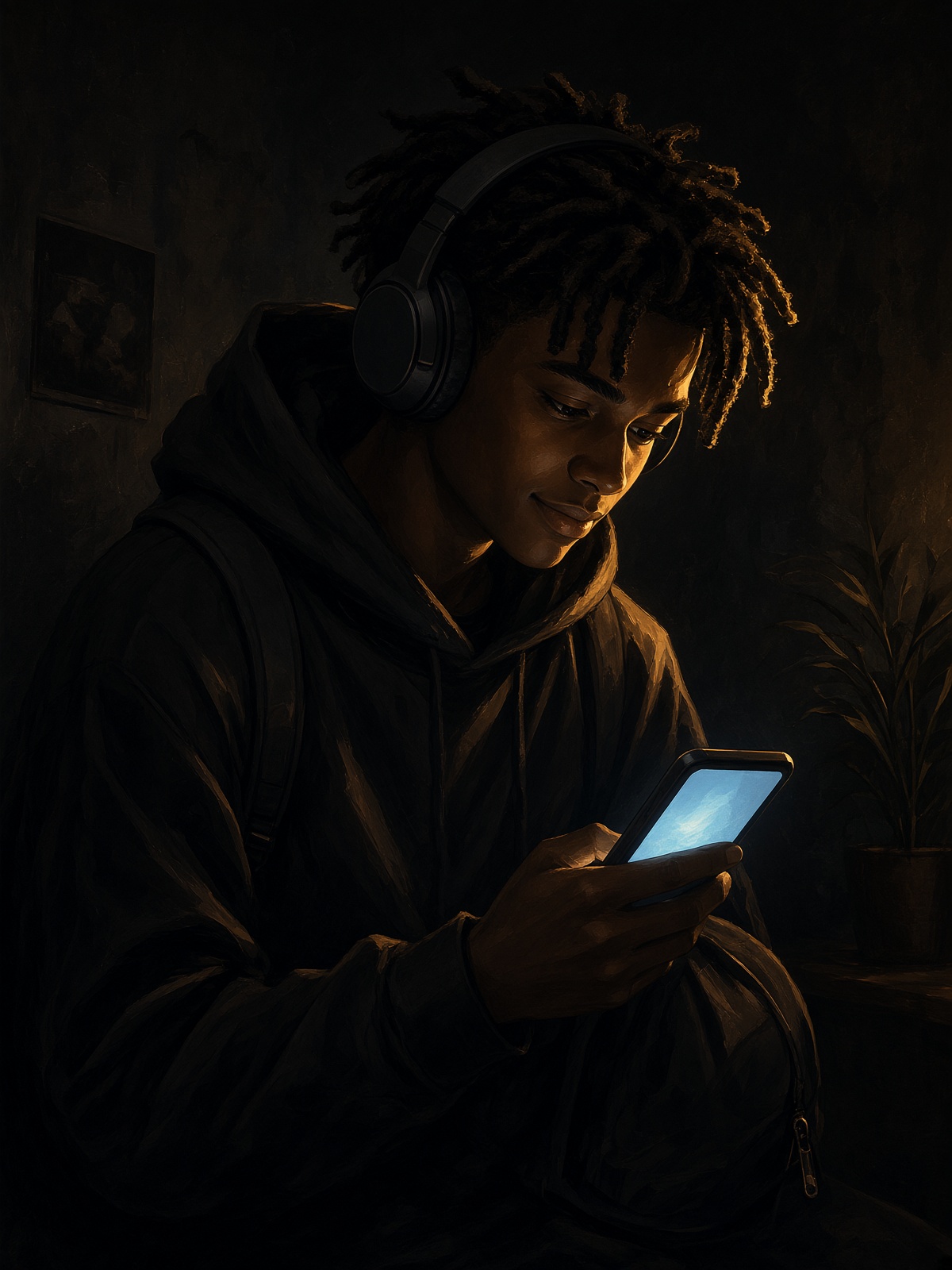 Leaning into another glowing phone, backpack on