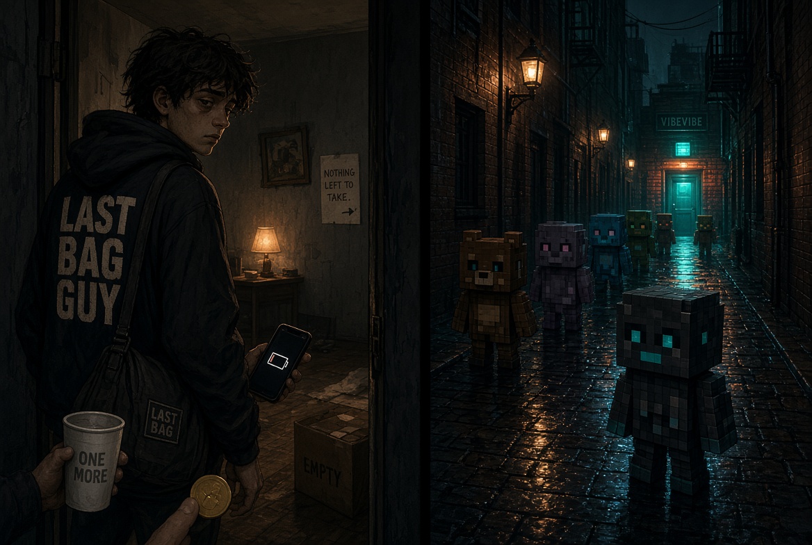 Last Bag Guy leaving a room with nothing left to take, facing a wet alley of voxel people under a VIBEVIBE door